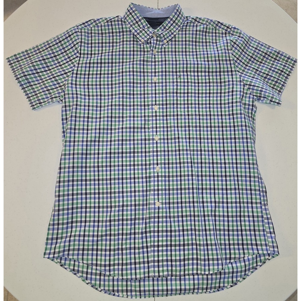 Tommy Hilfiger Blue White‎ Green Plaid Men's Shirt XL Workwear Casual -70